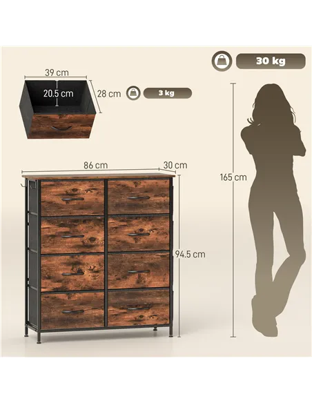 HOMCOM Chest of Eight Fabric Drawers - Rustic Brown