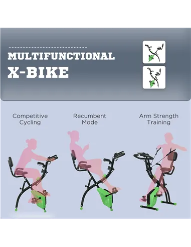 HOMCOM 2-in-1 Folding Exercise Bike with 8-Level Magnetic Resistance, Arm Resistance Band, Pulse Sensor, Green