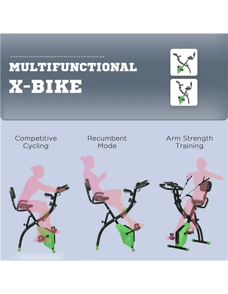 HOMCOM 2-in-1 Folding Exercise Bike with 8-Level Magnetic Resistance, Arm Resistance Band, Pulse Sensor, Green