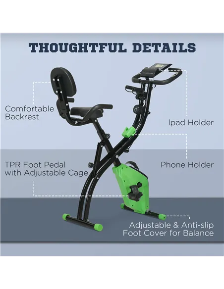 HOMCOM 2-in-1 Folding Exercise Bike with 8-Level Magnetic Resistance, Arm Resistance Band, Pulse Sensor, Green