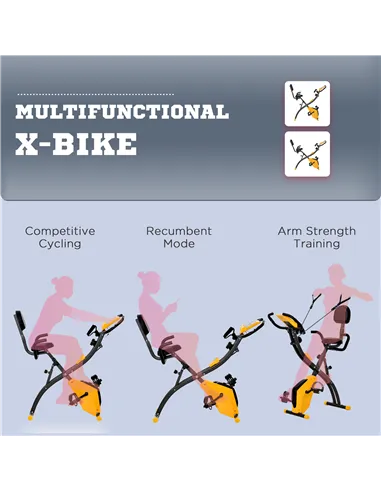 HOMCOM 2-in-1 Folding Exercise Bike with 8-Level Magnetic Resistance, Arm Resistance Band, Pulse Sensor, Yellow