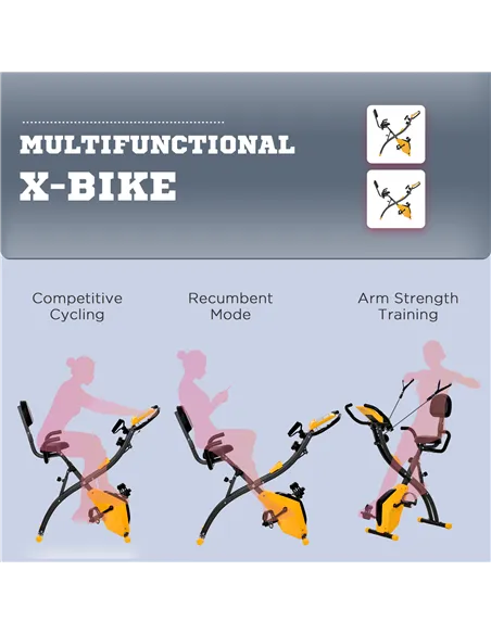 HOMCOM 2-in-1 Folding Exercise Bike with 8-Level Magnetic Resistance, Arm Resistance Band, Pulse Sensor, Yellow