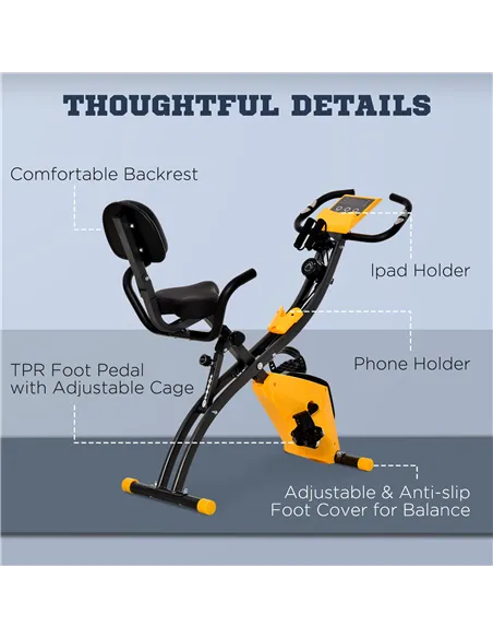HOMCOM 2-in-1 Folding Exercise Bike with 8-Level Magnetic Resistance, Arm Resistance Band, Pulse Sensor, Yellow