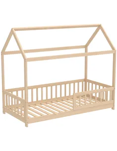 HOMCOM House-Shaped Kids Bed Frame with Guard Rails, Solid Pine Wood Single Bed Frame for Kids Boys and Girls, Natural