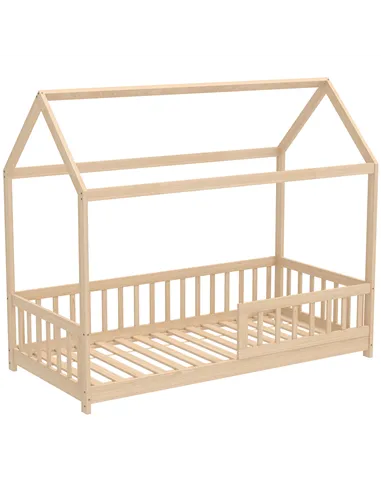 HOMCOM House-Shaped Kids Bed Frame with Guard Rails, Solid Pine Wood Single Bed Frame for Kids Boys and Girls, Natural