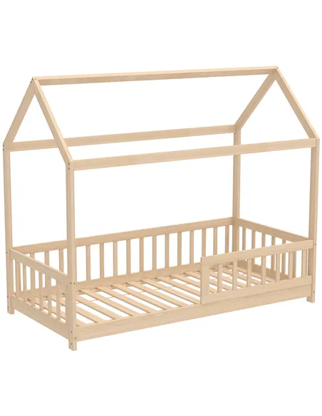 HOMCOM House-Shaped Kids Bed Frame with Guard Rails, Solid Pine Wood Single Bed Frame for Kids Boys and Girls, Natural
