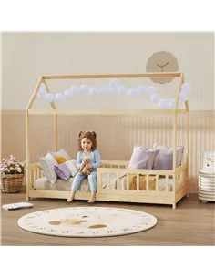 HOMCOM House-Shaped Kids Bed Frame with Guard Rails, Solid Pine Wood Single Bed Frame for Kids Boys and Girls, Natural 2