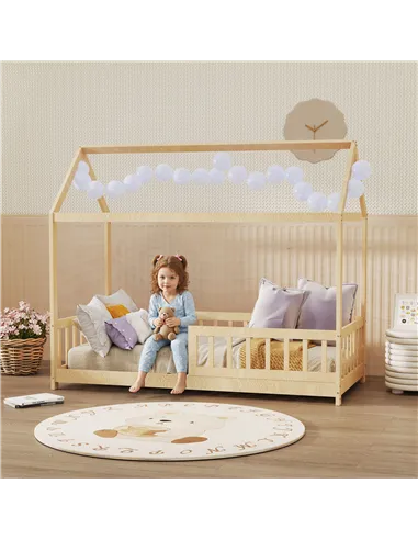 HOMCOM House-Shaped Kids Bed Frame with Guard Rails, Solid Pine Wood Single Bed Frame for Kids Boys and Girls, Natural