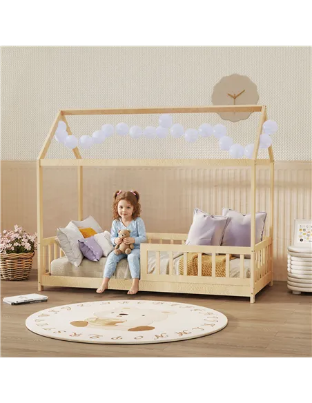 HOMCOM House-Shaped Kids Bed Frame with Guard Rails, Solid Pine Wood Single Bed Frame for Kids Boys and Girls, Natural