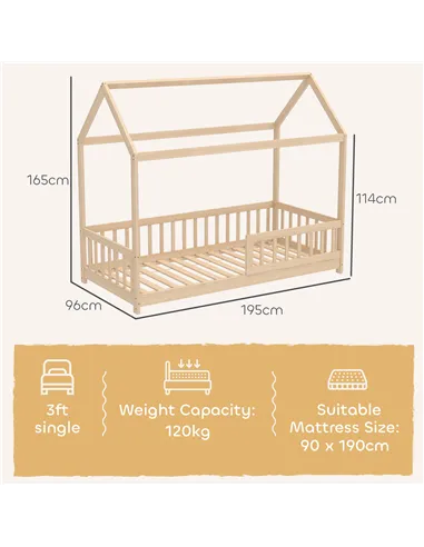 HOMCOM House-Shaped Kids Bed Frame with Guard Rails, Solid Pine Wood Single Bed Frame for Kids Boys and Girls, Natural
