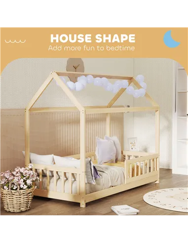 HOMCOM House-Shaped Kids Bed Frame with Guard Rails, Solid Pine Wood Single Bed Frame for Kids Boys and Girls, Natural