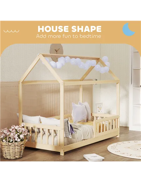 HOMCOM House-Shaped Kids Bed Frame with Guard Rails, Solid Pine Wood Single Bed Frame for Kids Boys and Girls, Natural