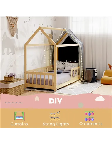 HOMCOM House-Shaped Kids Bed Frame with Guard Rails, Solid Pine Wood Single Bed Frame for Kids Boys and Girls, Natural