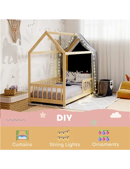 HOMCOM House-Shaped Kids Bed Frame with Guard Rails, Solid Pine Wood Single Bed Frame for Kids Boys and Girls, Natural