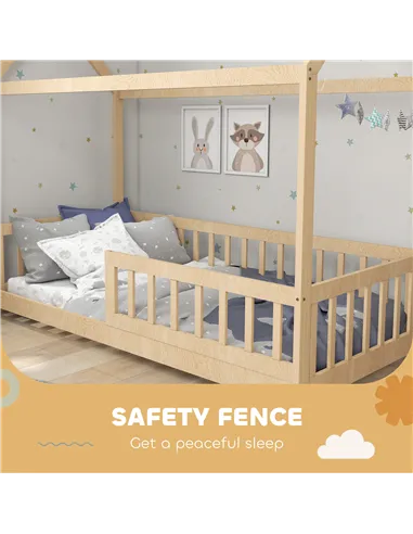 HOMCOM House-Shaped Kids Bed Frame with Guard Rails, Solid Pine Wood Single Bed Frame for Kids Boys and Girls, Natural