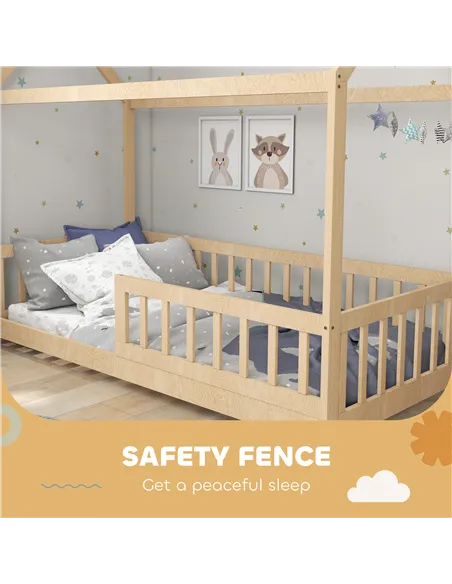 HOMCOM House-Shaped Kids Bed Frame with Guard Rails, Solid Pine Wood Single Bed Frame for Kids Boys and Girls, Natural