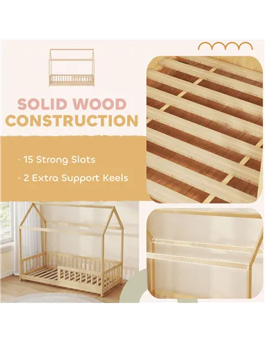 HOMCOM House-Shaped Kids Bed Frame with Guard Rails, Solid Pine Wood Single Bed Frame for Kids Boys and Girls, Natural