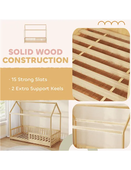 HOMCOM House-Shaped Kids Bed Frame with Guard Rails, Solid Pine Wood Single Bed Frame for Kids Boys and Girls, Natural