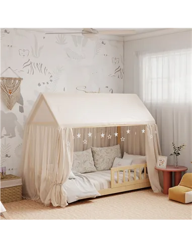 HOMCOM House-Shaped Kids Bed Frame with Guard Rails, Solid Pine Wood Single Bed Frame for Kids Boys and Girls, Natural