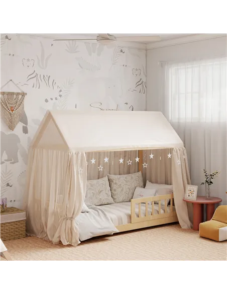 HOMCOM House-Shaped Kids Bed Frame with Guard Rails, Solid Pine Wood Single Bed Frame for Kids Boys and Girls, Natural