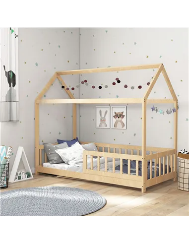 HOMCOM House-Shaped Kids Bed Frame with Guard Rails, Solid Pine Wood Single Bed Frame for Kids Boys and Girls, Natural