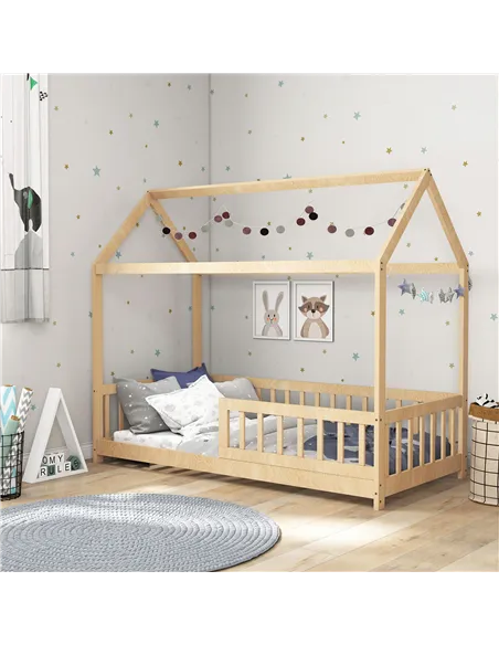 HOMCOM House-Shaped Kids Bed Frame with Guard Rails, Solid Pine Wood Single Bed Frame for Kids Boys and Girls, Natural