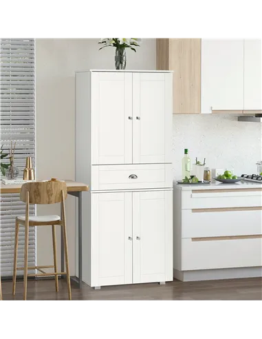 HOMCOM 184cm Tall Kitchen Cupboard, Freestanding Kitchen Pantry Storage Cabinet with 4 Doors, 3 Adjustable Shelves, Drawer, Anti