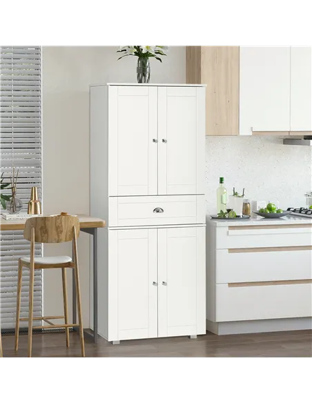HOMCOM 184cm Tall Kitchen Cupboard, Freestanding Kitchen Pantry Storage Cabinet with 4 Doors, 3 Adjustable Shelves, Drawer, Anti