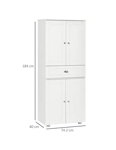 HOMCOM 184cm Tall Kitchen Cupboard, Freestanding Kitchen Pantry Storage Cabinet with 4 Doors, 3 Adjustable Shelves, Drawer, Anti