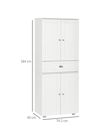 HOMCOM 184cm Tall Kitchen Cupboard, Freestanding Kitchen Pantry Storage Cabinet with 4 Doors, 3 Adjustable Shelves, Drawer, Anti