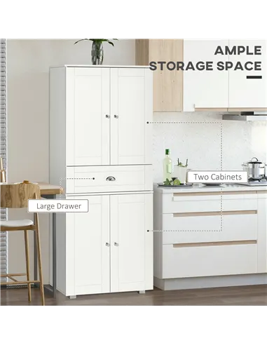HOMCOM 184cm Tall Kitchen Cupboard, Freestanding Kitchen Pantry Storage Cabinet with 4 Doors, 3 Adjustable Shelves, Drawer, Anti