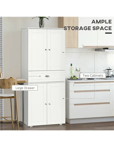 HOMCOM 184cm Tall Kitchen Cupboard, Freestanding Kitchen Pantry Storage Cabinet with 4 Doors, 3 Adjustable Shelves, Drawer, Anti