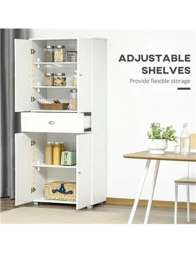 HOMCOM 184cm Tall Kitchen Cupboard, Freestanding Kitchen Pantry Storage Cabinet with 4 Doors, 3 Adjustable Shelves, Drawer, Anti