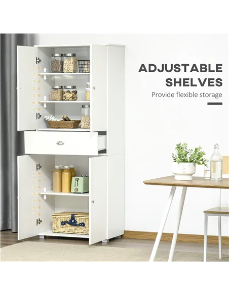 HOMCOM 184cm Tall Kitchen Cupboard, Freestanding Kitchen Pantry Storage Cabinet with 4 Doors, 3 Adjustable Shelves, Drawer, Anti