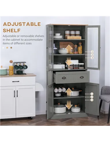 HOMCOM 180cm Tall Kitchen Pantry Cupboard, Freestanding Storage Cabinet with 5 Tier, Adjustable Shelves,  Drawer, Grey