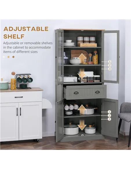 HOMCOM 180cm Tall Kitchen Pantry Cupboard, Freestanding Storage Cabinet with 5 Tier, Adjustable Shelves,  Drawer, Grey