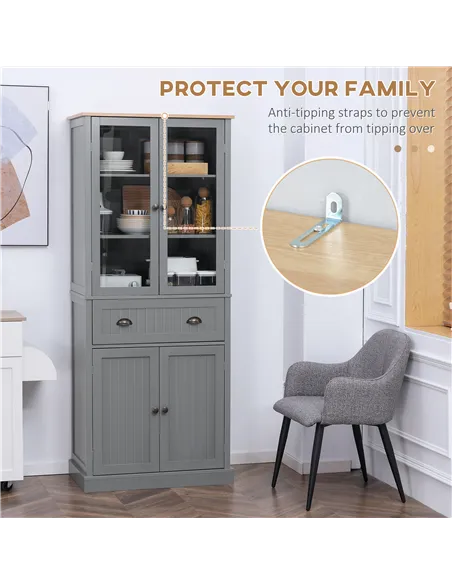 HOMCOM 180cm Tall Kitchen Pantry Cupboard, Freestanding Storage Cabinet with 5 Tier, Adjustable Shelves,  Drawer, Grey