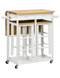 HOMCOM Kitchen Island Set with 2 Stools, Bamboo Breakfast Cart with Drop Leaf Top, Drawers and Towel Rack, Rolling Kitchen Cart 