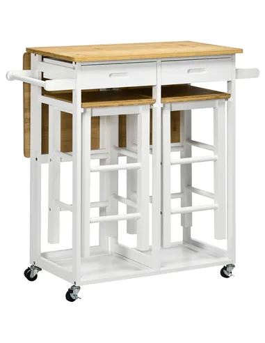 HOMCOM Kitchen Island Set with 2 Stools, Bamboo Breakfast Cart with Drop Leaf Top, Drawers and Towel Rack, Rolling Kitchen Cart 