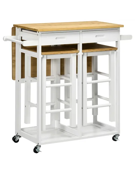 HOMCOM Kitchen Island Set with 2 Stools, Bamboo Breakfast Cart with Drop Leaf Top, Drawers and Towel Rack, Rolling Kitchen Cart 