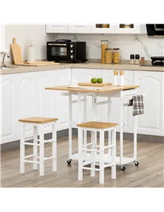 HOMCOM Kitchen Island Set with 2 Stools, Bamboo Breakfast Cart with Drop Leaf Top, Drawers and Towel Rack, Rolling Kitchen Cart  2