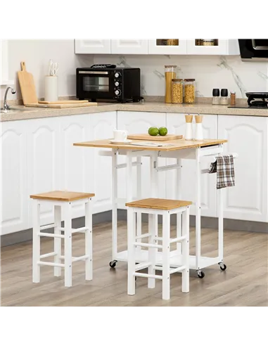 HOMCOM Kitchen Island Set with 2 Stools, Bamboo Breakfast Cart with Drop Leaf Top, Drawers and Towel Rack, Rolling Kitchen Cart 