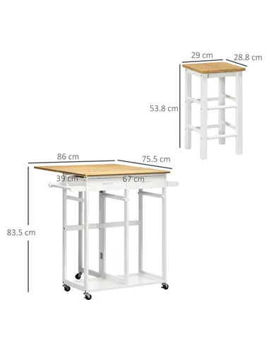 HOMCOM Kitchen Island Set with 2 Stools, Bamboo Breakfast Cart with Drop Leaf Top, Drawers and Towel Rack, Rolling Kitchen Cart 