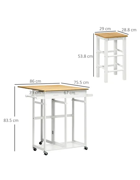 HOMCOM Kitchen Island Set with 2 Stools, Bamboo Breakfast Cart with Drop Leaf Top, Drawers and Towel Rack, Rolling Kitchen Cart 