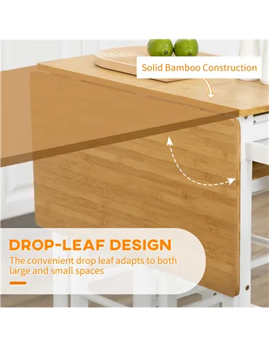 HOMCOM Kitchen Island Set with 2 Stools, Bamboo Breakfast Cart with Drop Leaf Top, Drawers and Towel Rack, Rolling Kitchen Cart 