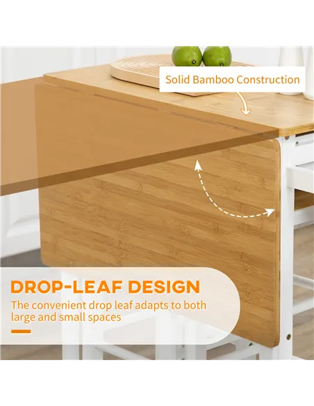 HOMCOM Kitchen Island Set with 2 Stools, Bamboo Breakfast Cart with Drop Leaf Top, Drawers and Towel Rack, Rolling Kitchen Cart 