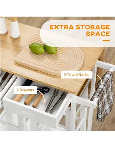 HOMCOM Kitchen Island Set with 2 Stools, Bamboo Breakfast Cart with Drop Leaf Top, Drawers and Towel Rack, Rolling Kitchen Cart 