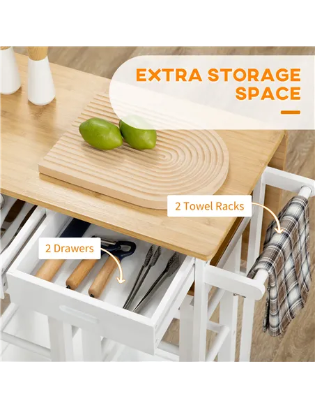 HOMCOM Kitchen Island Set with 2 Stools, Bamboo Breakfast Cart with Drop Leaf Top, Drawers and Towel Rack, Rolling Kitchen Cart 