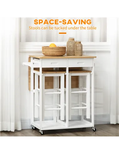 HOMCOM Kitchen Island Set with 2 Stools, Bamboo Breakfast Cart with Drop Leaf Top, Drawers and Towel Rack, Rolling Kitchen Cart 