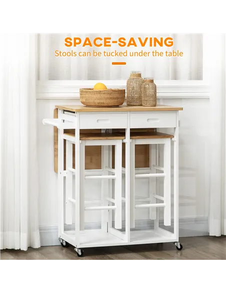 HOMCOM Kitchen Island Set with 2 Stools, Bamboo Breakfast Cart with Drop Leaf Top, Drawers and Towel Rack, Rolling Kitchen Cart 